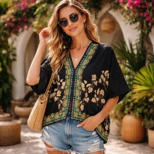 Rose & Olive Black Green Floral Boho Kimono Sleeve Top V-Neck Lightweight Blouse
